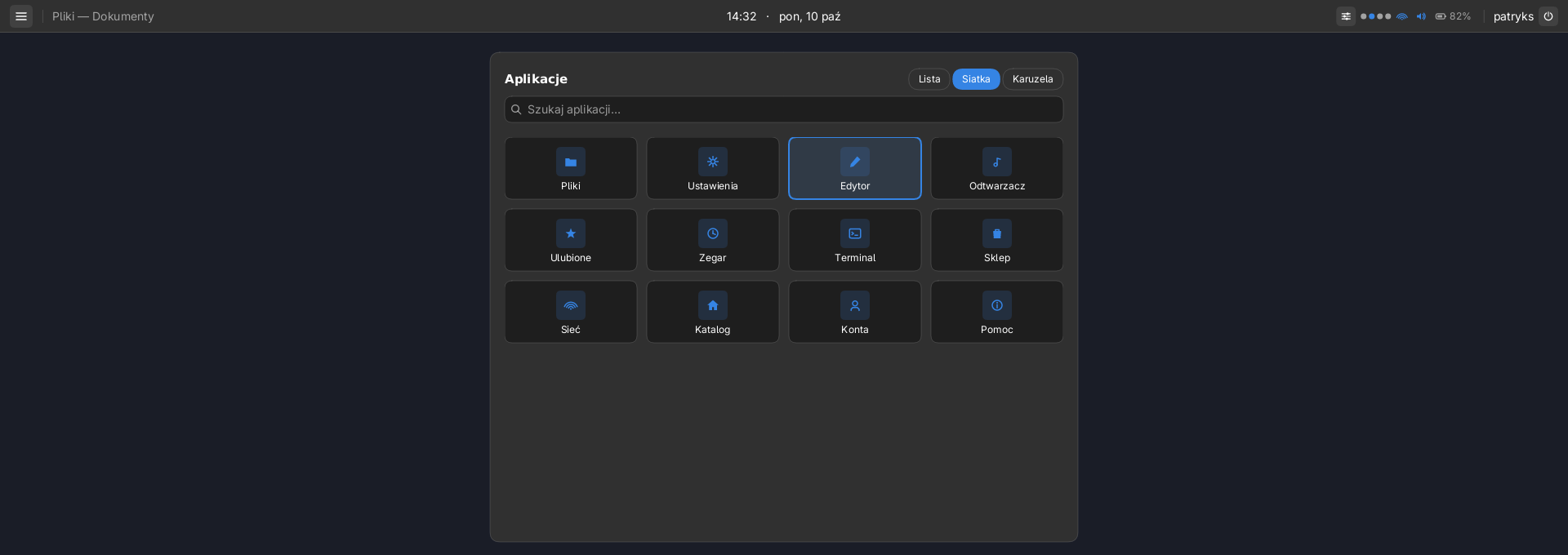 Launcher Luny w widoku siatki z ikonami aplikacji